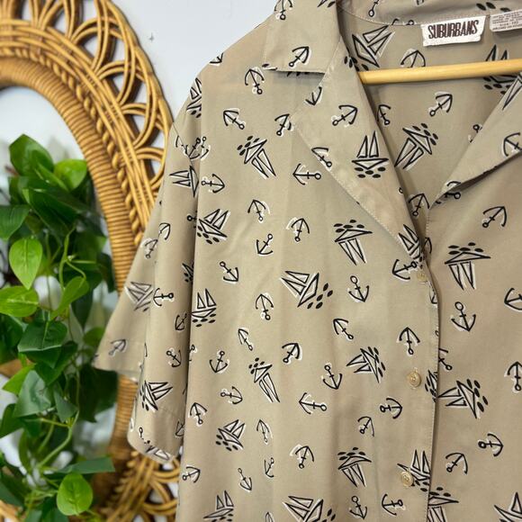 Vtg Nautical Print Shirt Anchor Sailboat Camp Collar Button 90s Top Soft Autumn - Picture 4 of 5